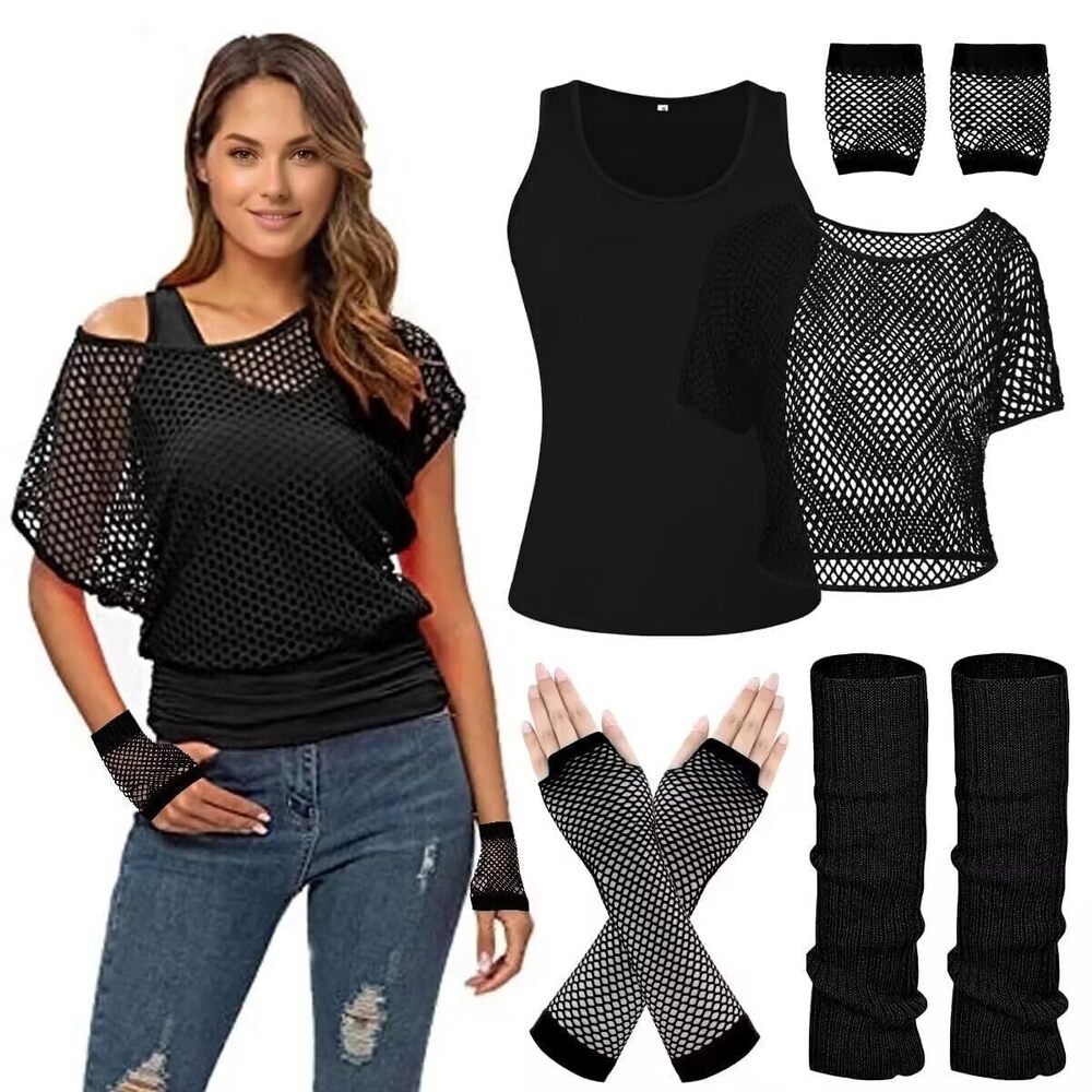 4911 Casual Sexy 80s Costumes Fishnet Neon Off Shoulder T-Shirt Two Pieces
